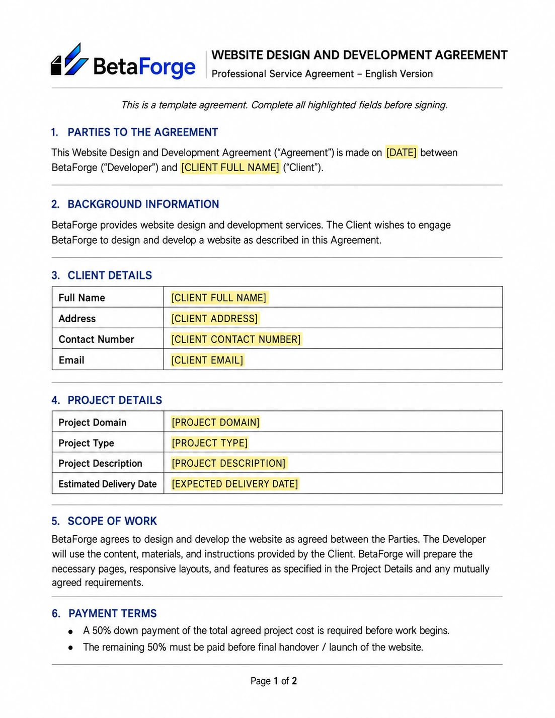 BetaForge Website Design and Development Agreement - Page 1